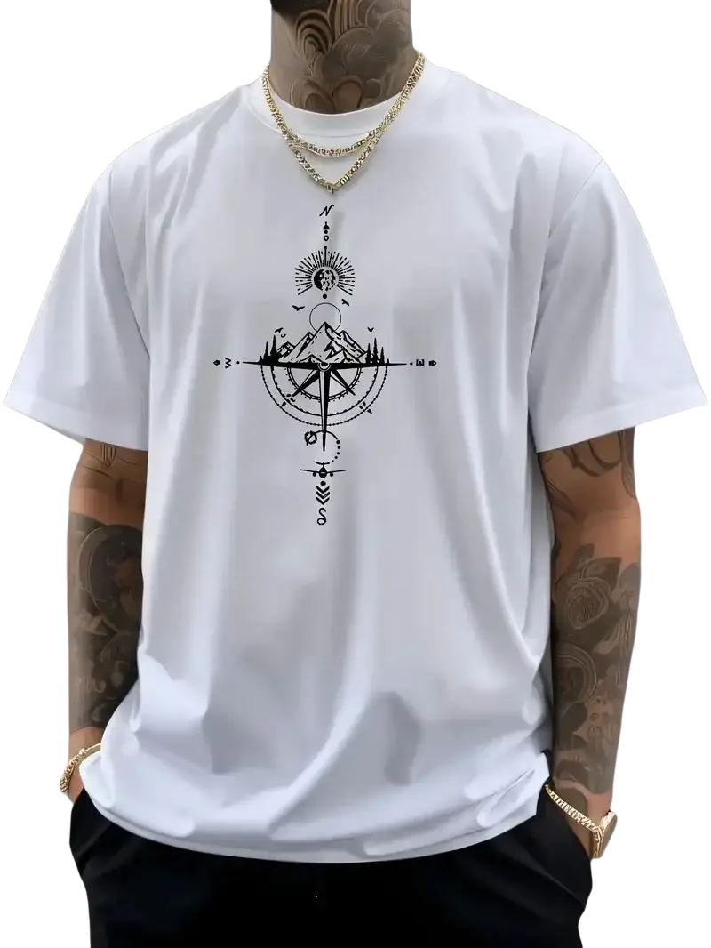 Men’s white cotton t-shirt with black compass graphic featuring mountain sun and directional markings