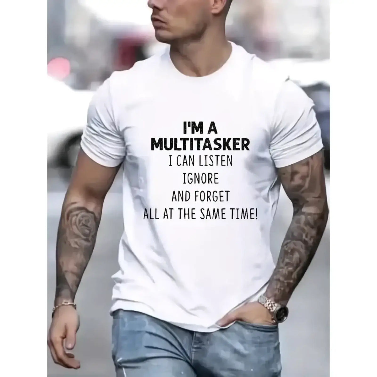 Men’s white short sleeve cotton t-shirt with black graphic print text multitasker slogan on front