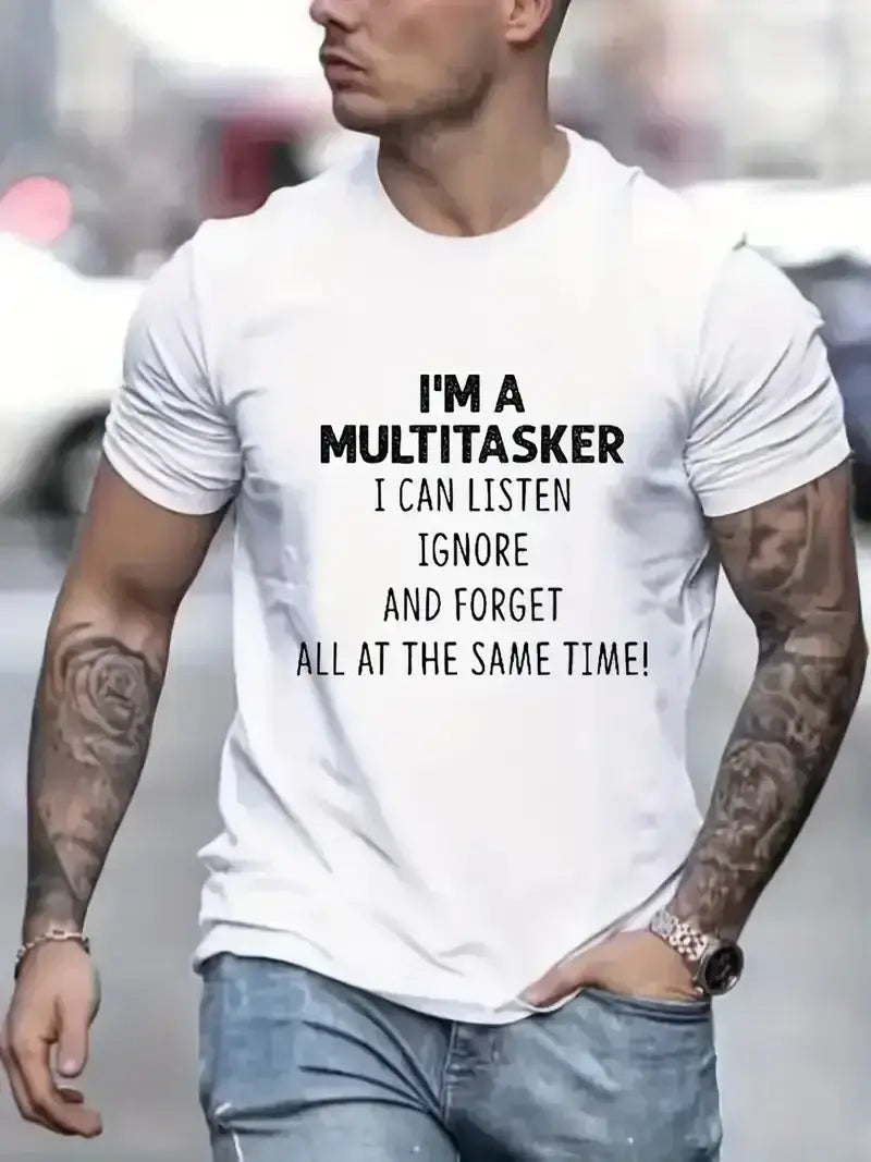Men’s white cotton short sleeve t-shirt with black multitasker graphic print for casual wear