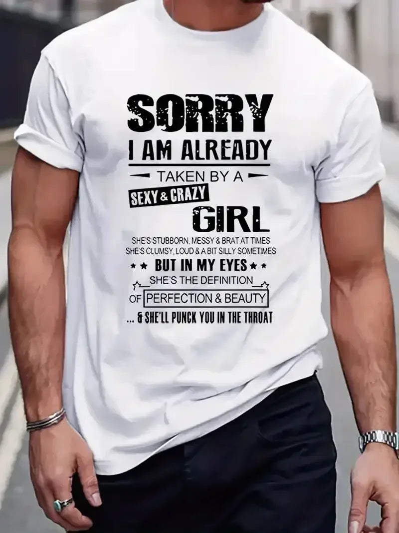 White cotton men’s short sleeve t-shirt featuring a black distressed graphic print design on the front