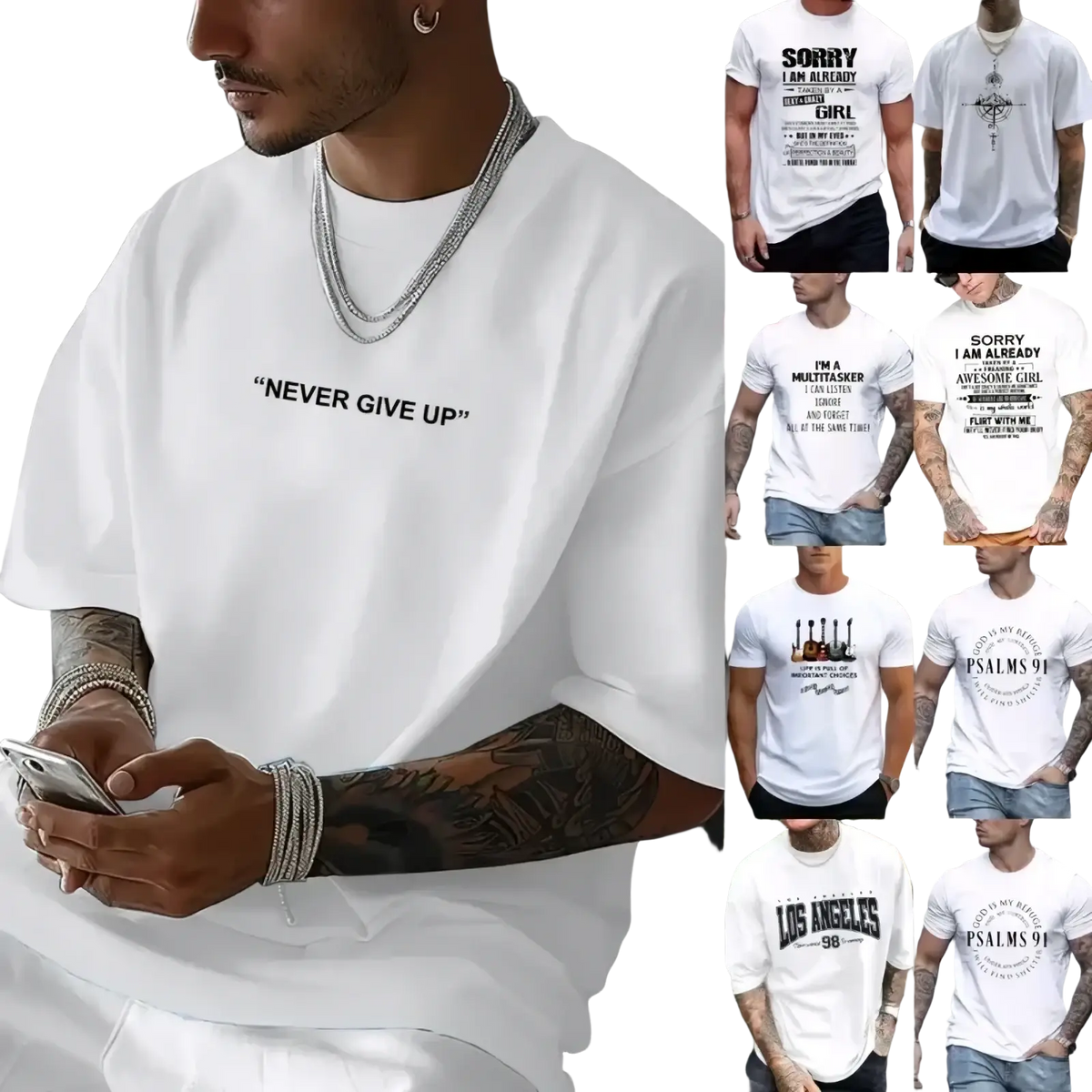 Men’s white cotton short sleeve t-shirt with black never give up graphic print on the chest