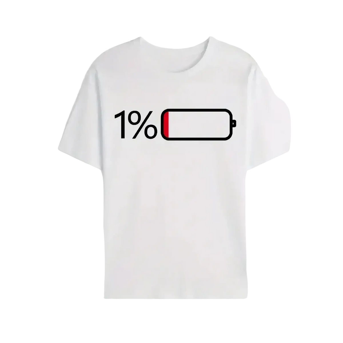 White short sleeve cotton t-shirt with black and red 1% battery graphic print for men