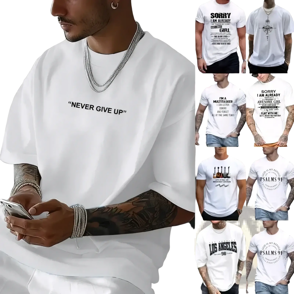 Men’s white cotton short sleeve t-shirt with black never give up graphic print on the chest