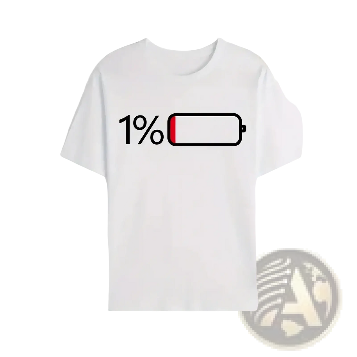 Men’s white cotton short sleeve t-shirt with bold black and red 1 percent battery graphic print on front