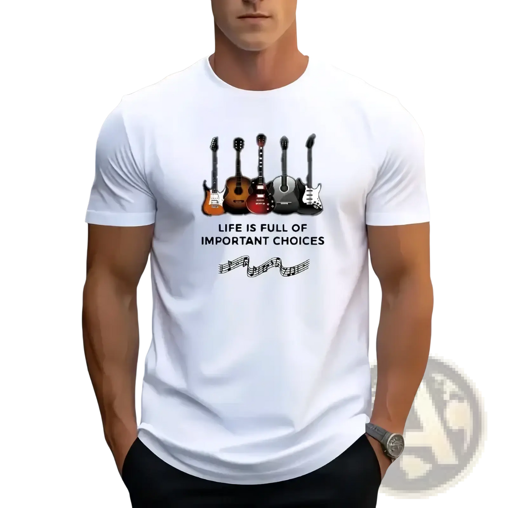 Men’s white cotton short sleeve t-shirt with graphic of five guitars and life is full of important choices text printed