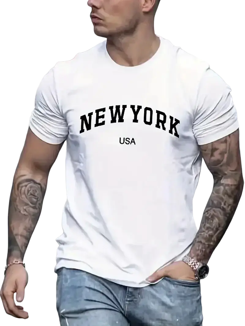 White men’s short sleeve cotton t-shirt with new york usa black graphic print on the chest