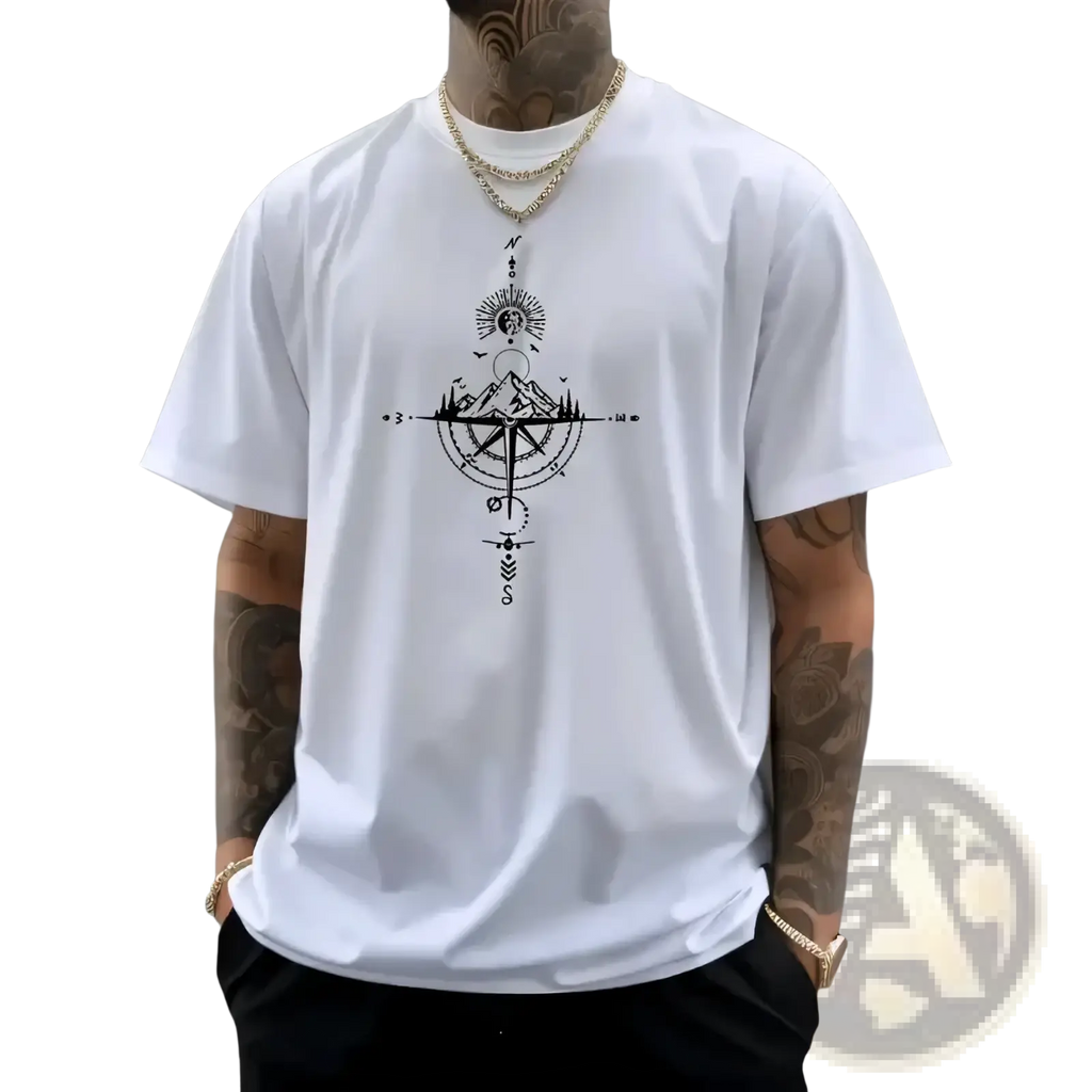 Men’s white short sleeve cotton t-shirt featuring a black intricate compass design with mountain and sun motifs