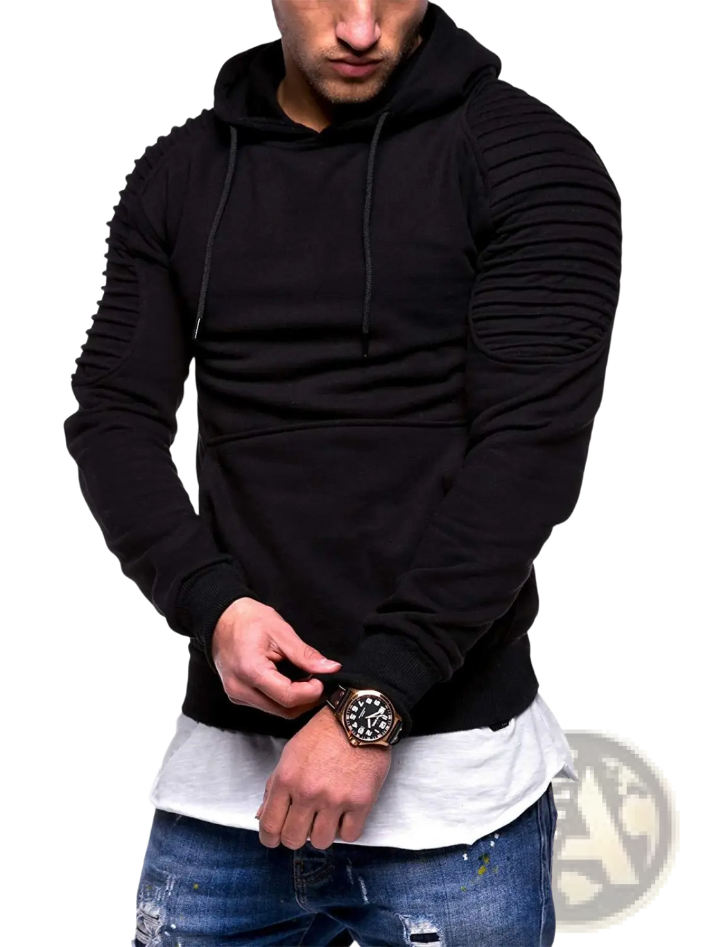 Men’s gray camo pleated raglan sleeve hoodie with black ribbed textured sleeves and front pocket