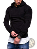 Men’s gray camo pleated raglan sleeve hoodie with black ribbed textured sleeves and front pocket