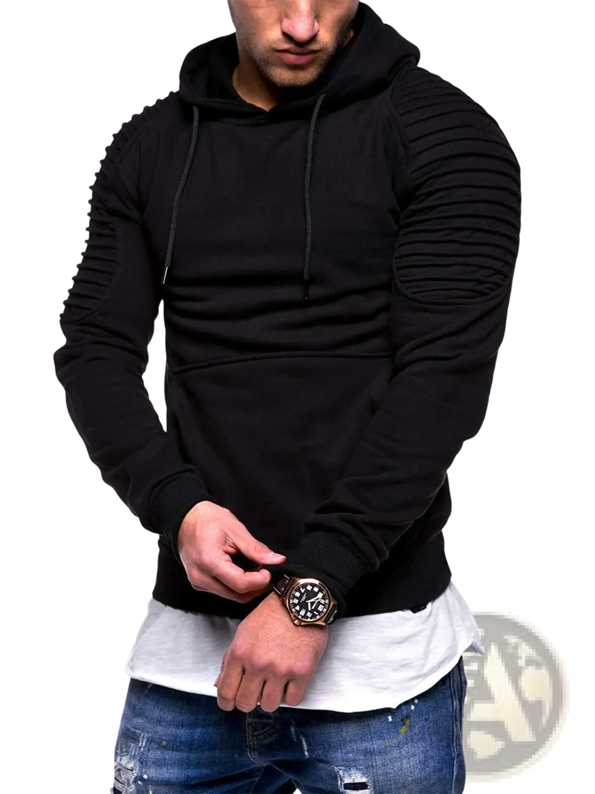 Men’s gray camo pleated raglan sleeve hoodie with black ribbed textured sleeves and front pocket