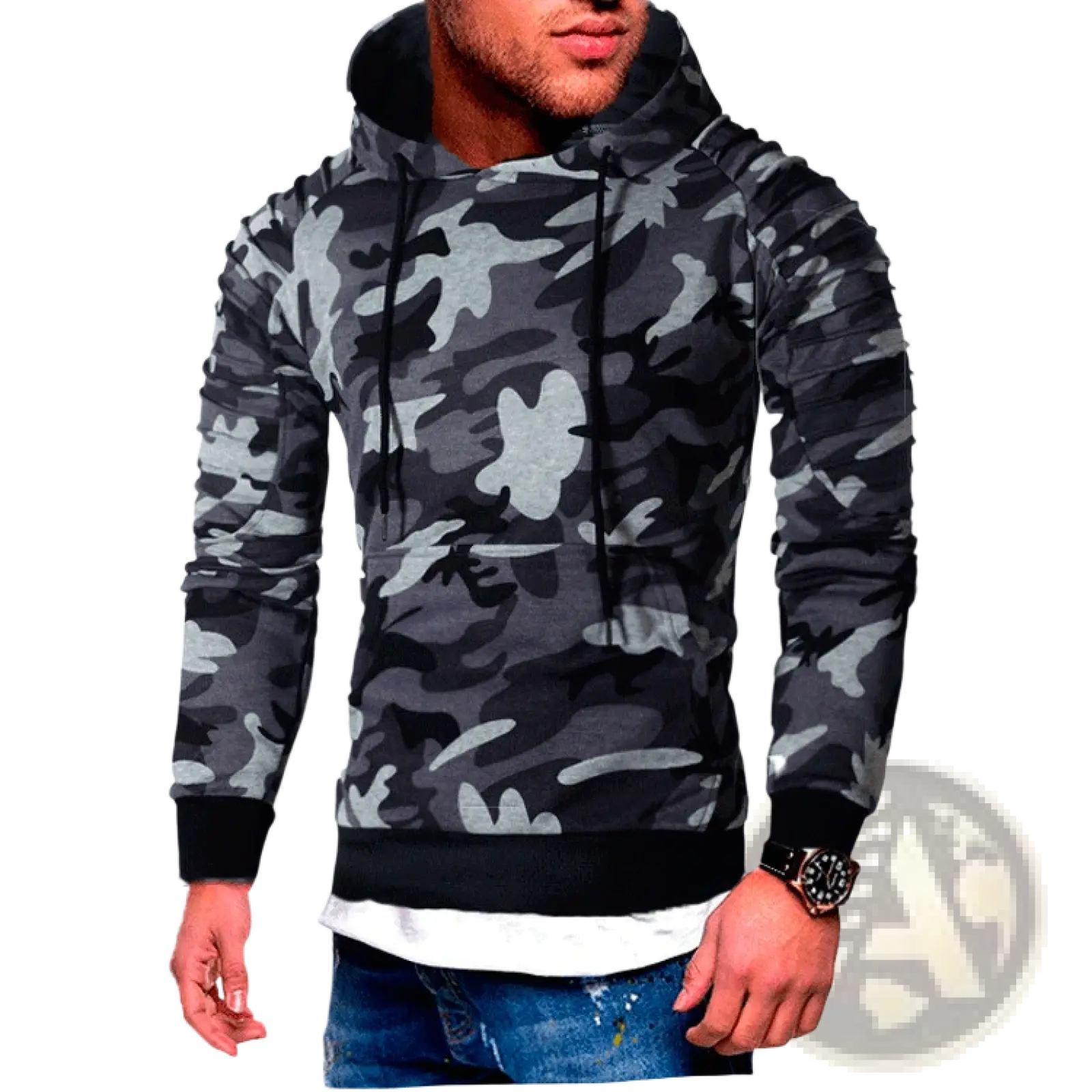 Men’s gray camo pleated raglan sleeve hoodie with black and gray camouflage pattern and ribbed cuffs hem and hood lining