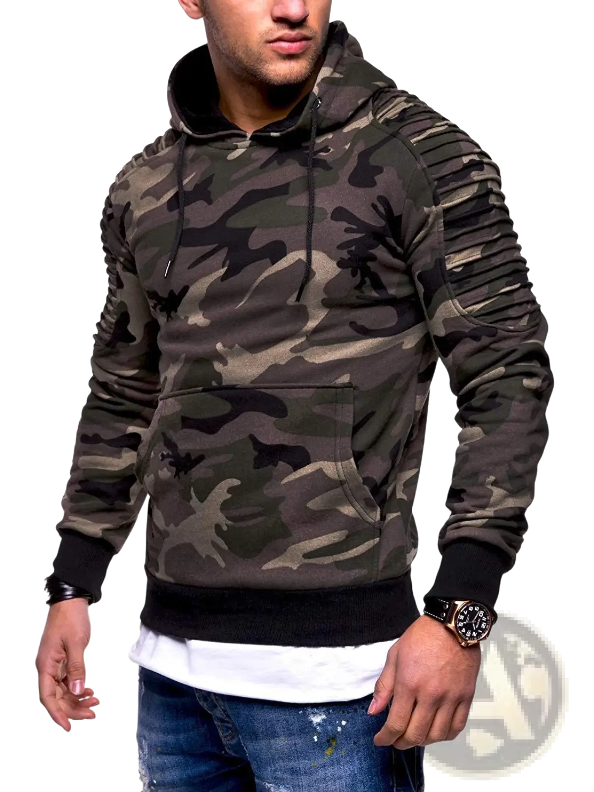 Men’s gray camo pleated raglan sleeve hoodie with ribbed sleeves and black trim in camouflage pattern