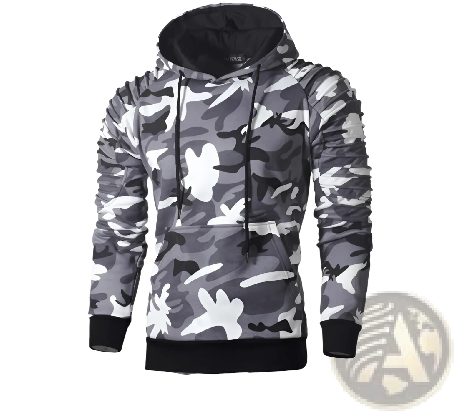 Men’s gray camo pleated raglan sleeve hoodie with black drawstrings, ribbed cuffs, and hem in gray and white camouflage pattern