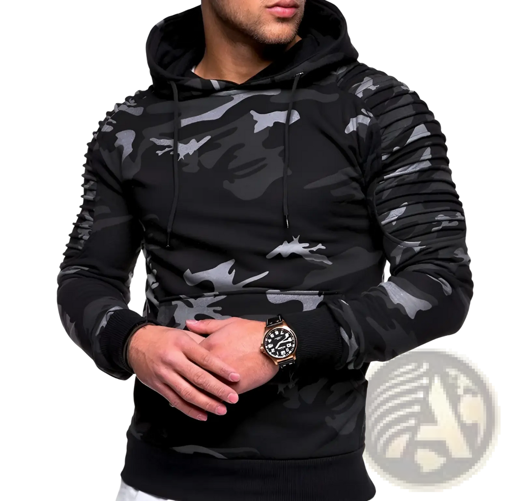 Men’s gray camo pleated raglan sleeve hoodie featuring black and gray camouflage pattern with ribbed sleeves