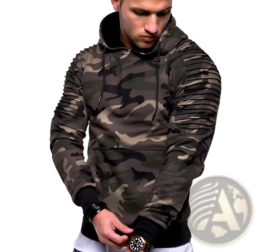 Men’s gray camo pleated raglan sleeve hoodie with ribbed textured sleeves and a black-lined hood