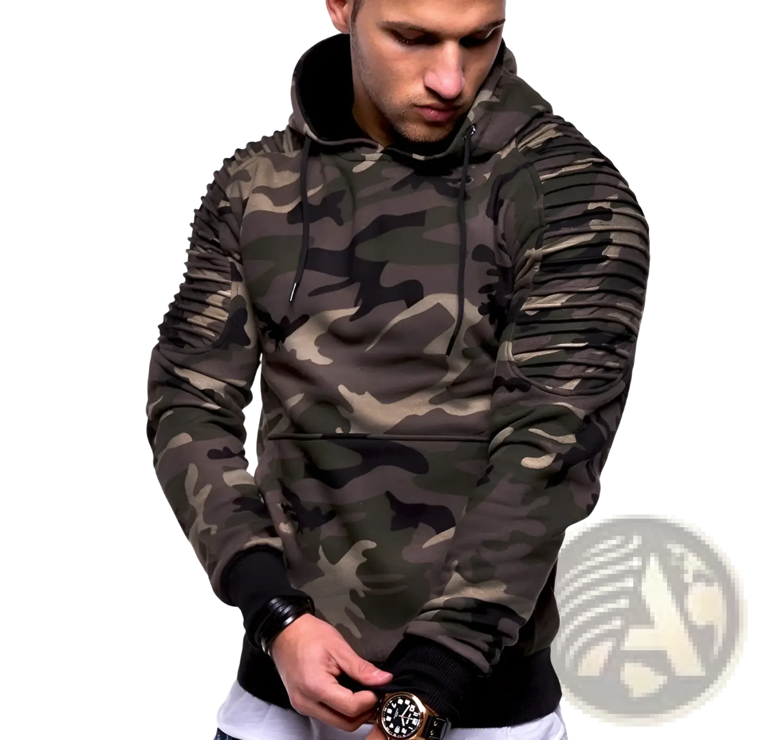 Men’s gray camo pleated raglan sleeve hoodie with ribbed textured sleeves and a black-lined hood