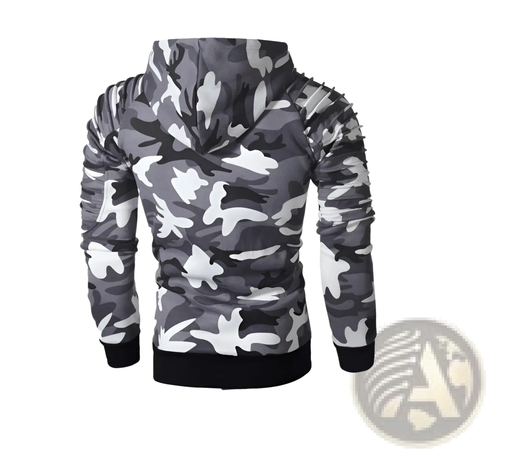 Men’s gray camo pleated raglan sleeve hoodie with black ribbed cuffs and hem in gray and white camouflage pattern