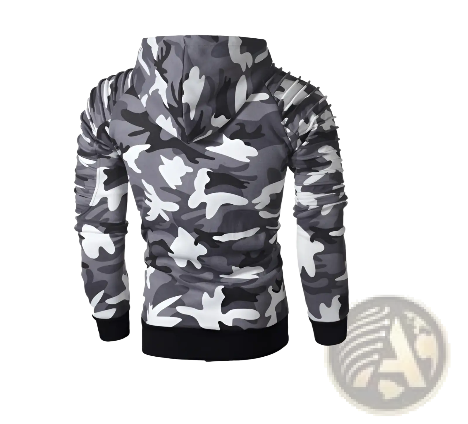 Men’s gray camo pleated raglan sleeve hoodie with black ribbed cuffs and hem in gray and white camouflage pattern