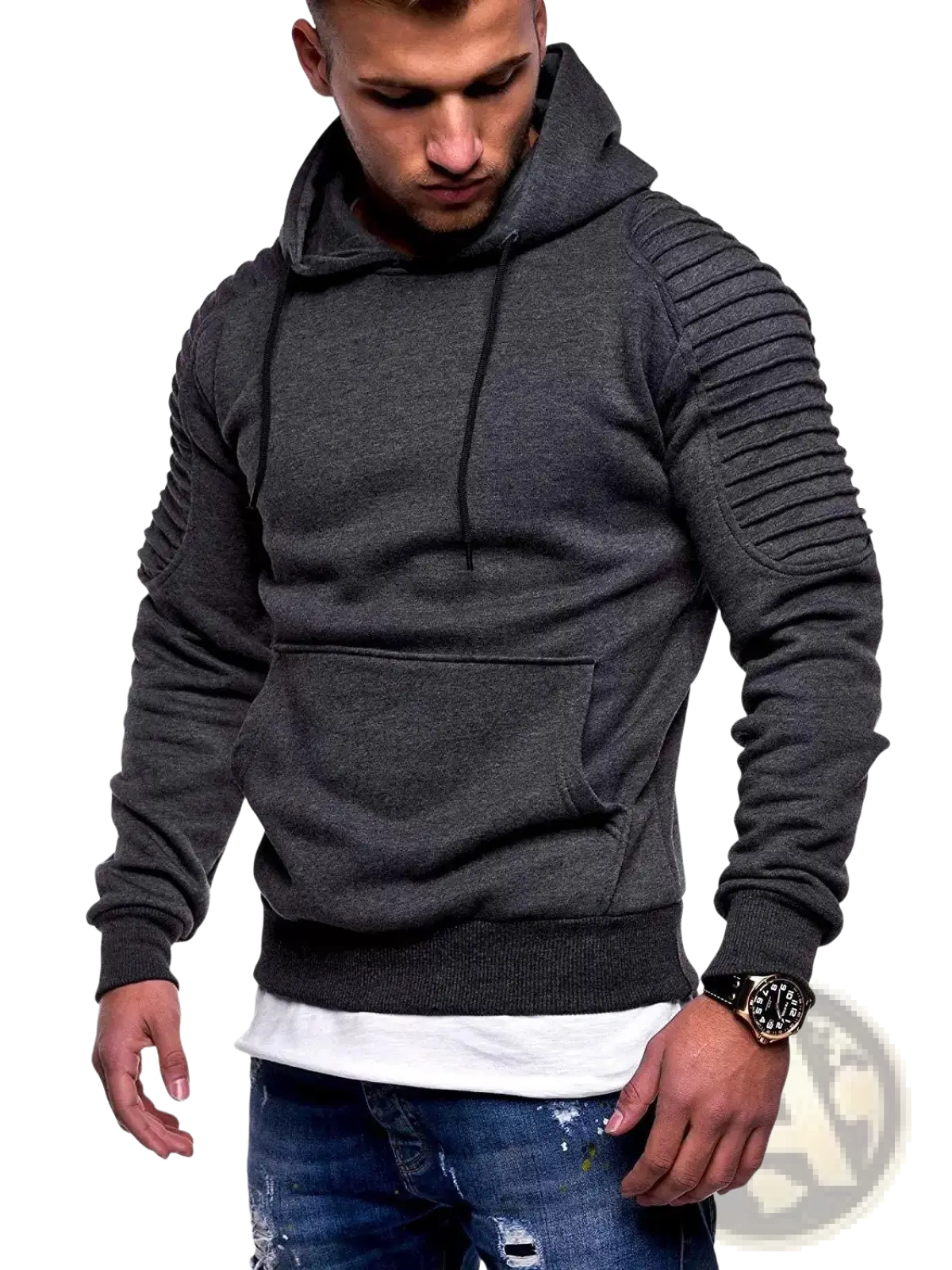 Men’s gray camo pleated raglan sleeve hoodie in dark gray textured fabric with ribbed sleeve panels and front pocket