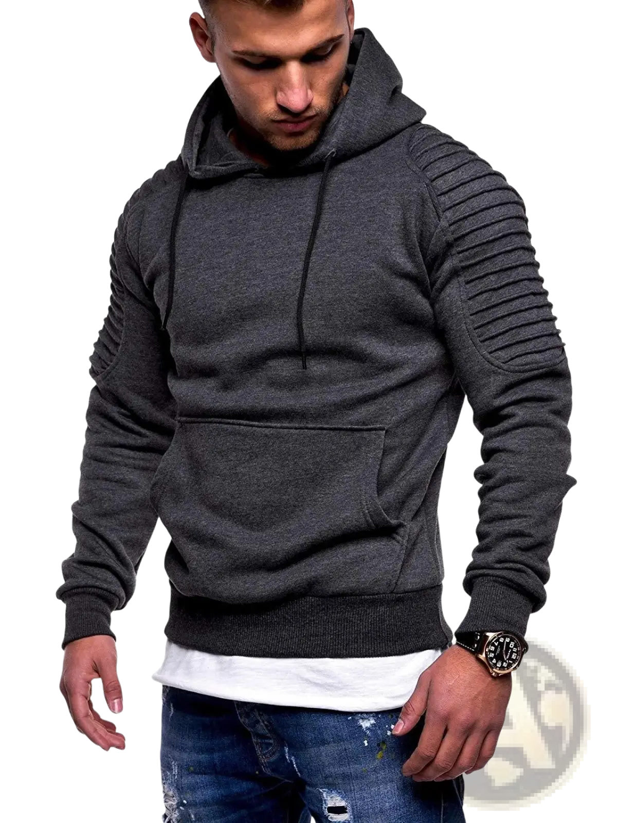Men’s gray camo pleated raglan sleeve hoodie in dark gray textured fabric with ribbed sleeves and front pocket