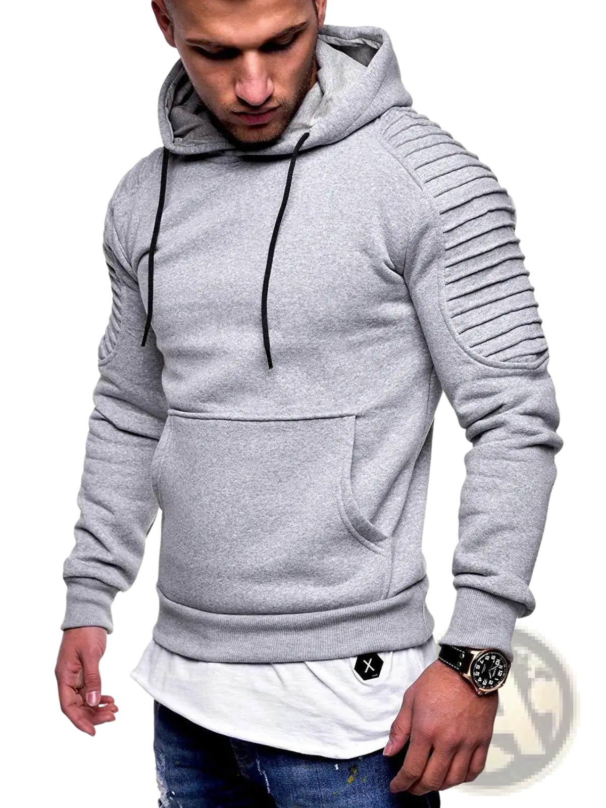 Men’s gray camo pleated raglan sleeve hoodie with ribbed sleeve panels and black drawstrings in a casual design