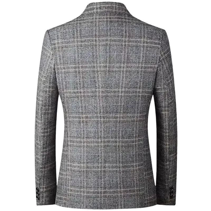 Men’s gray plaid wool blend business casual blazer with classic notched collar and three-button cuffs