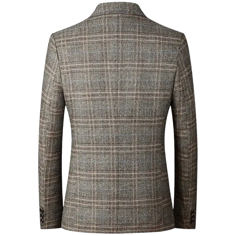 A tailored men’s gray plaid wool blend business casual blazer with classic beige tones and notched lapels