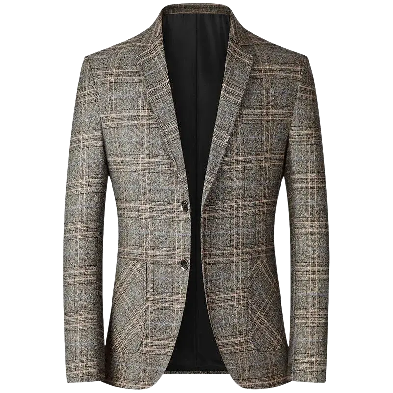 A men’s gray plaid wool blend business casual blazer with notched lapels and two front buttons