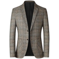 A men’s gray plaid wool blend business casual blazer with notched lapels and two front buttons