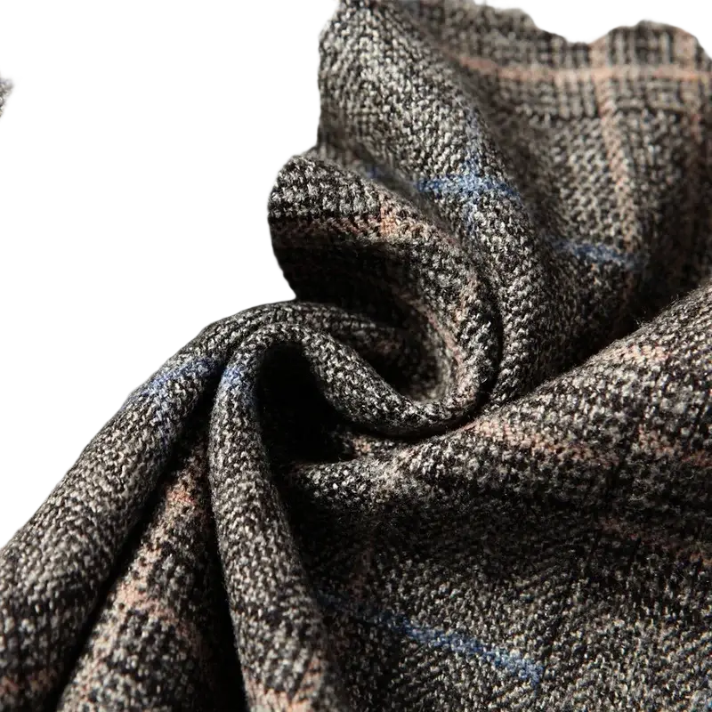 Men’s gray plaid wool blend business casual blazer fabric with textured dark gray wool and subtle muted blue and beige tones