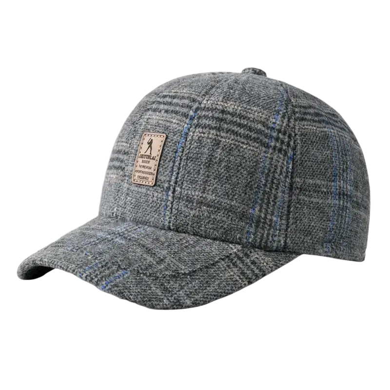 Men’s gray plaid wool winter baseball cap with ear flaps and a small rectangular leather patch on the front