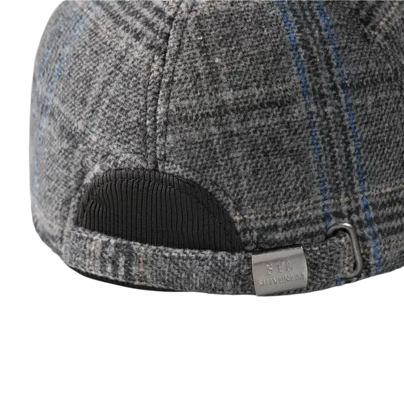 Men’s gray plaid wool winter baseball cap with subtle blue stripes and black ribbed ear flap lining