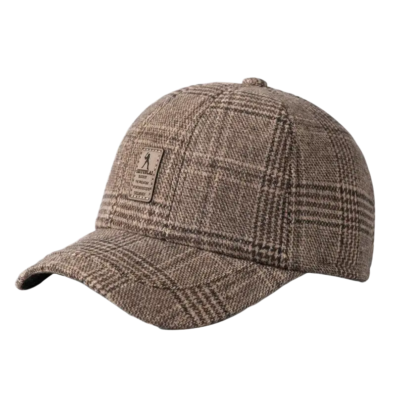 Men’s brown plaid wool baseball cap with a small patch designed for winter wear with ear flaps
