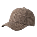 Men’s brown plaid wool baseball cap with a small patch designed for winter wear with ear flaps
