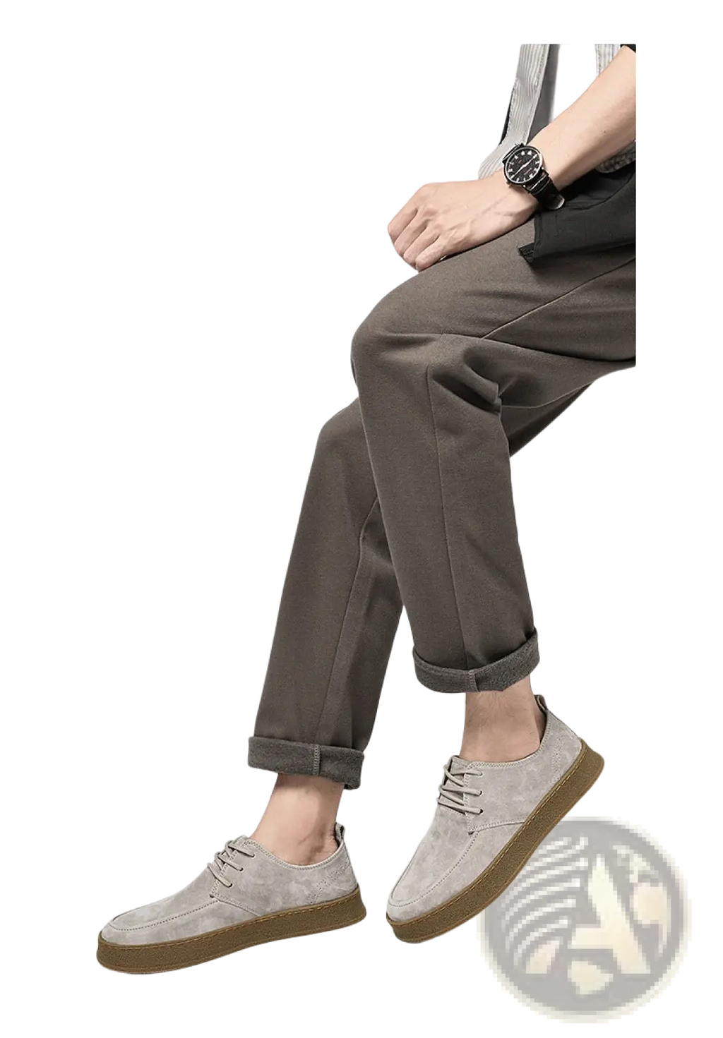 Men’s gray suede lace up casual flat shoes with contrasting brown rubber sole for everyday wear