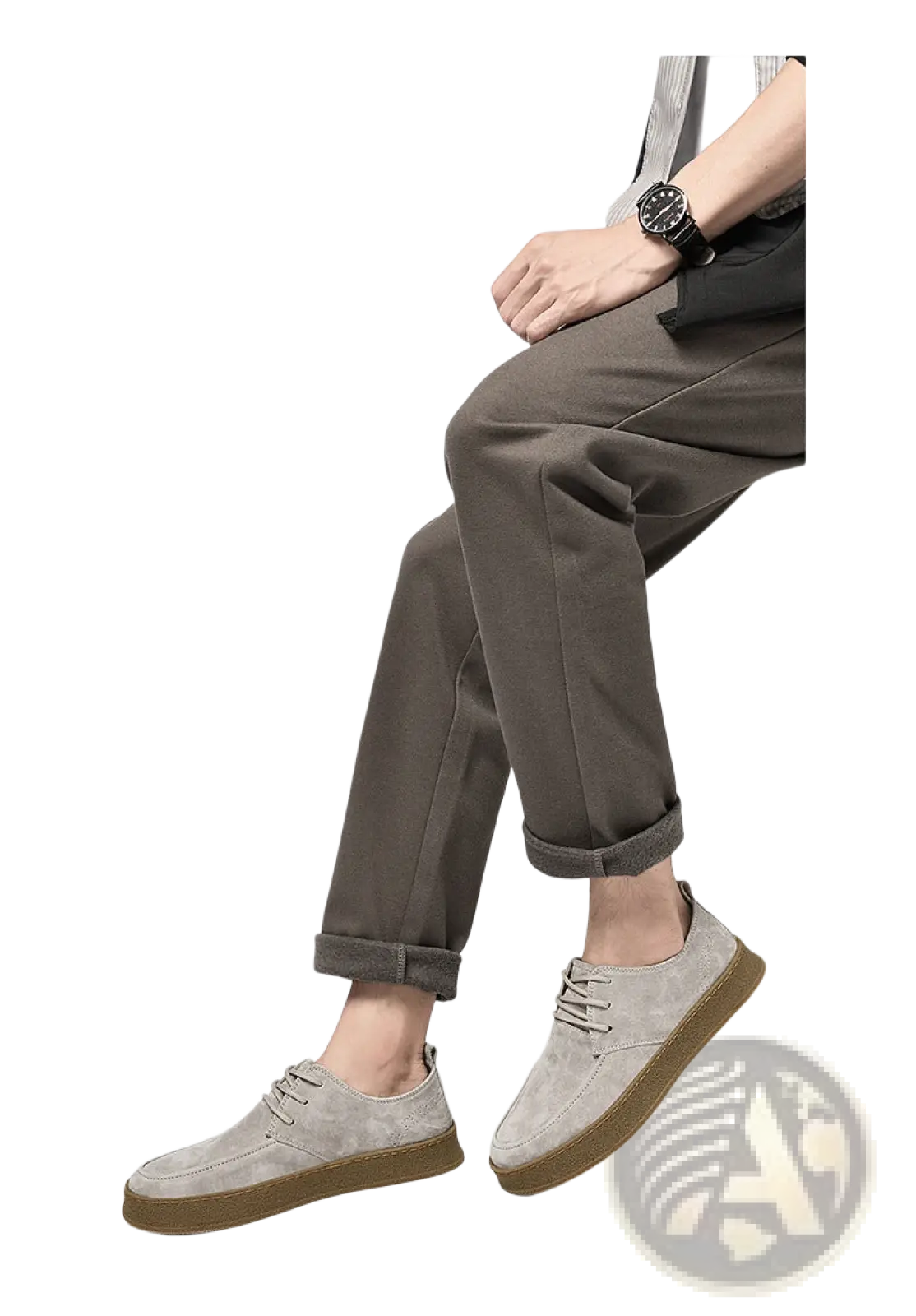 Men’s gray suede lace up casual flat shoes with contrasting brown rubber sole for everyday wear