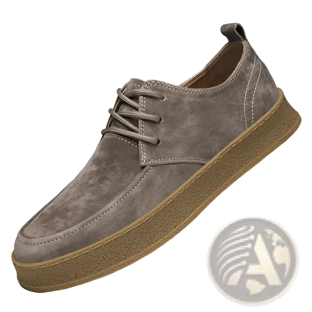 Men’s gray suede lace up casual flat shoe with tan rubber sole ideal for everyday wear