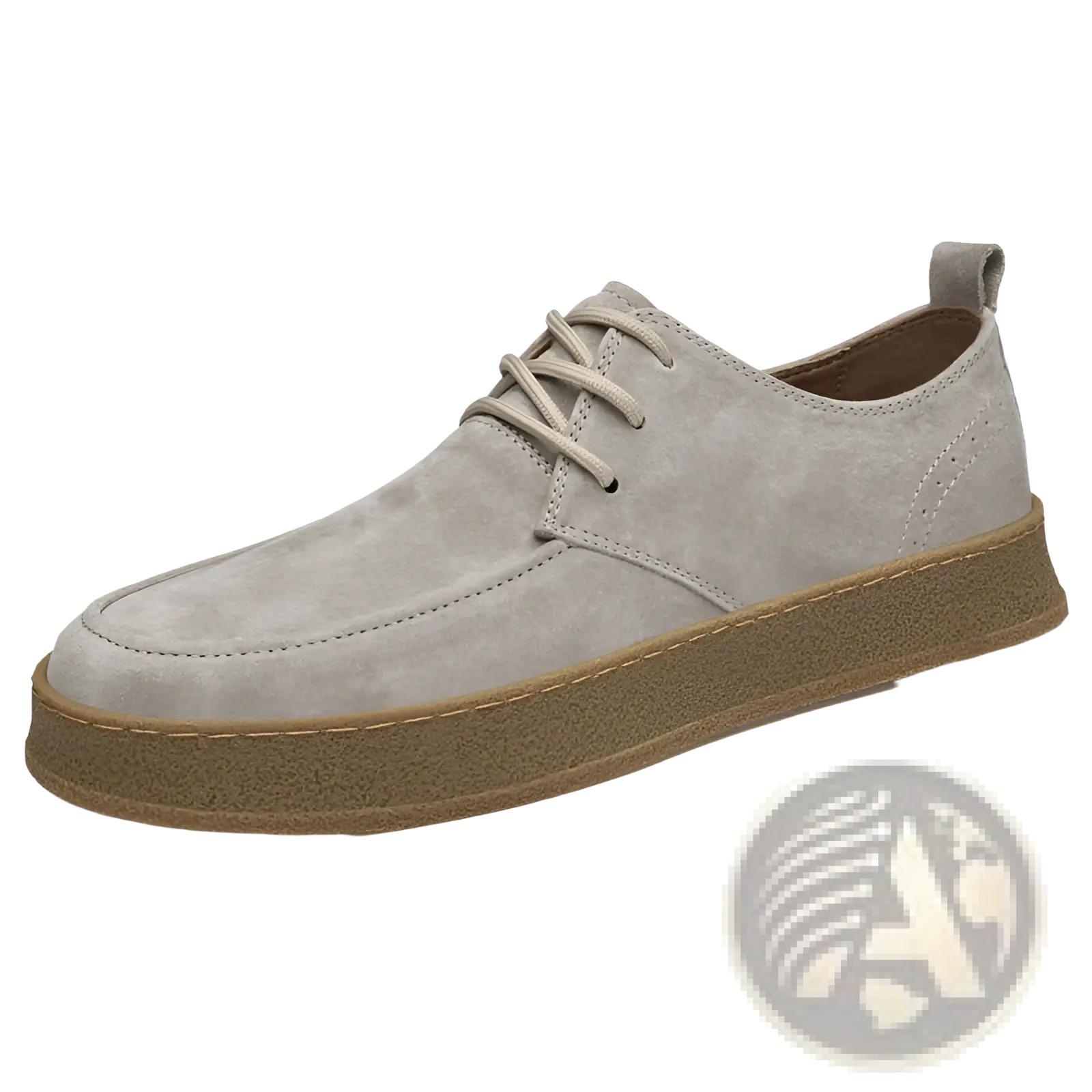 Men’s gray suede lace-up casual flat shoe with tan rubber sole and matching laces displayed from the back side