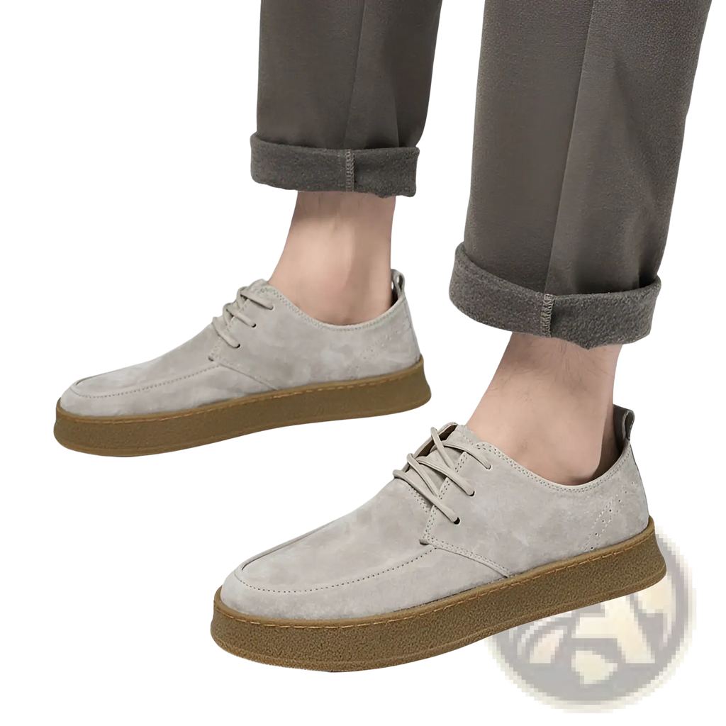 Men’s gray suede lace up casual flat shoes featuring tan rubber sole ideal for everyday wear
