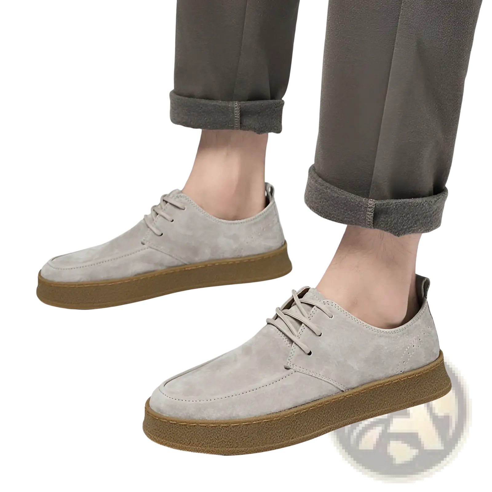 Men’s gray suede lace up casual flat shoes featuring tan rubber sole ideal for everyday wear