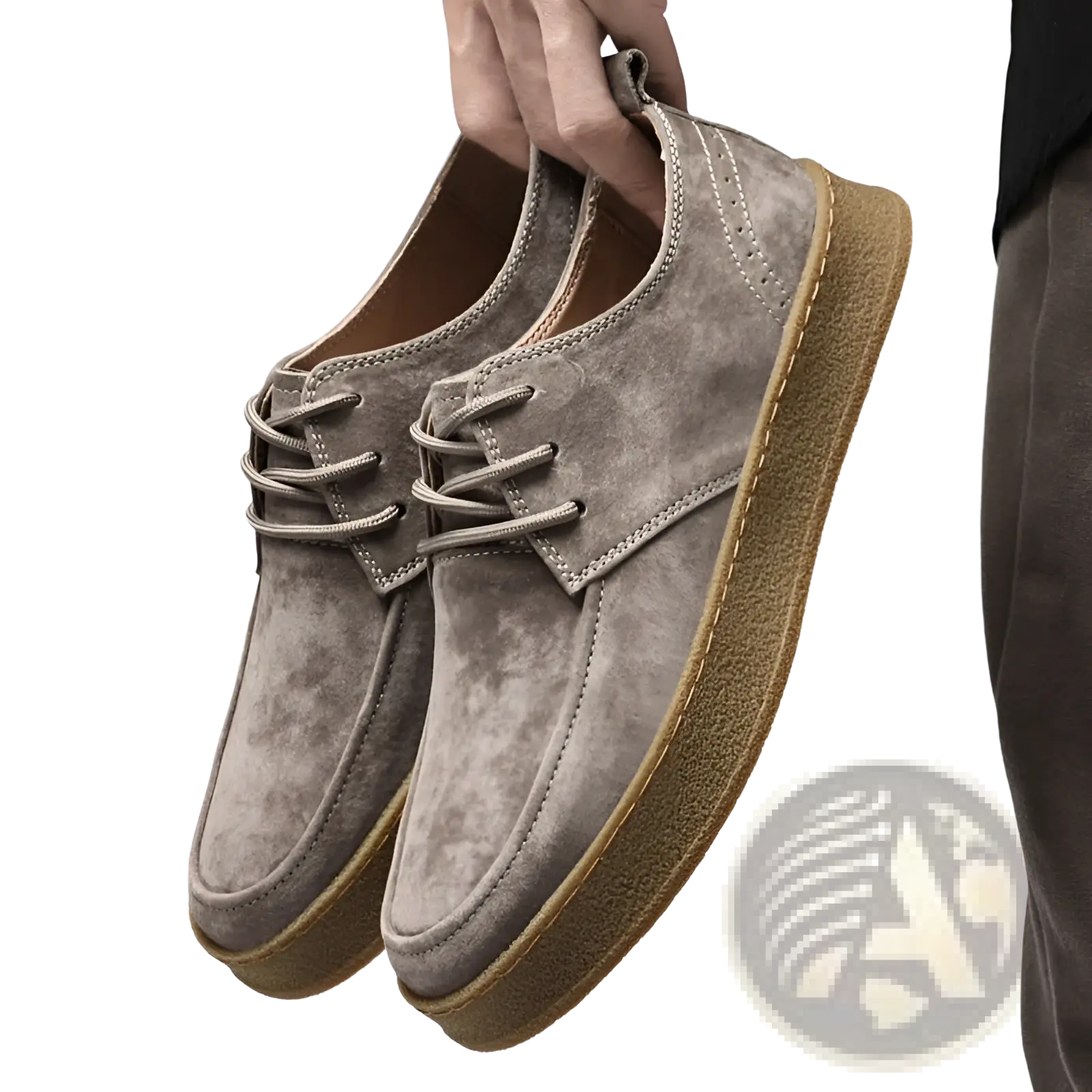 Men’s gray suede lace up casual flat shoes with a tan rubber sole for comfortable daily wear