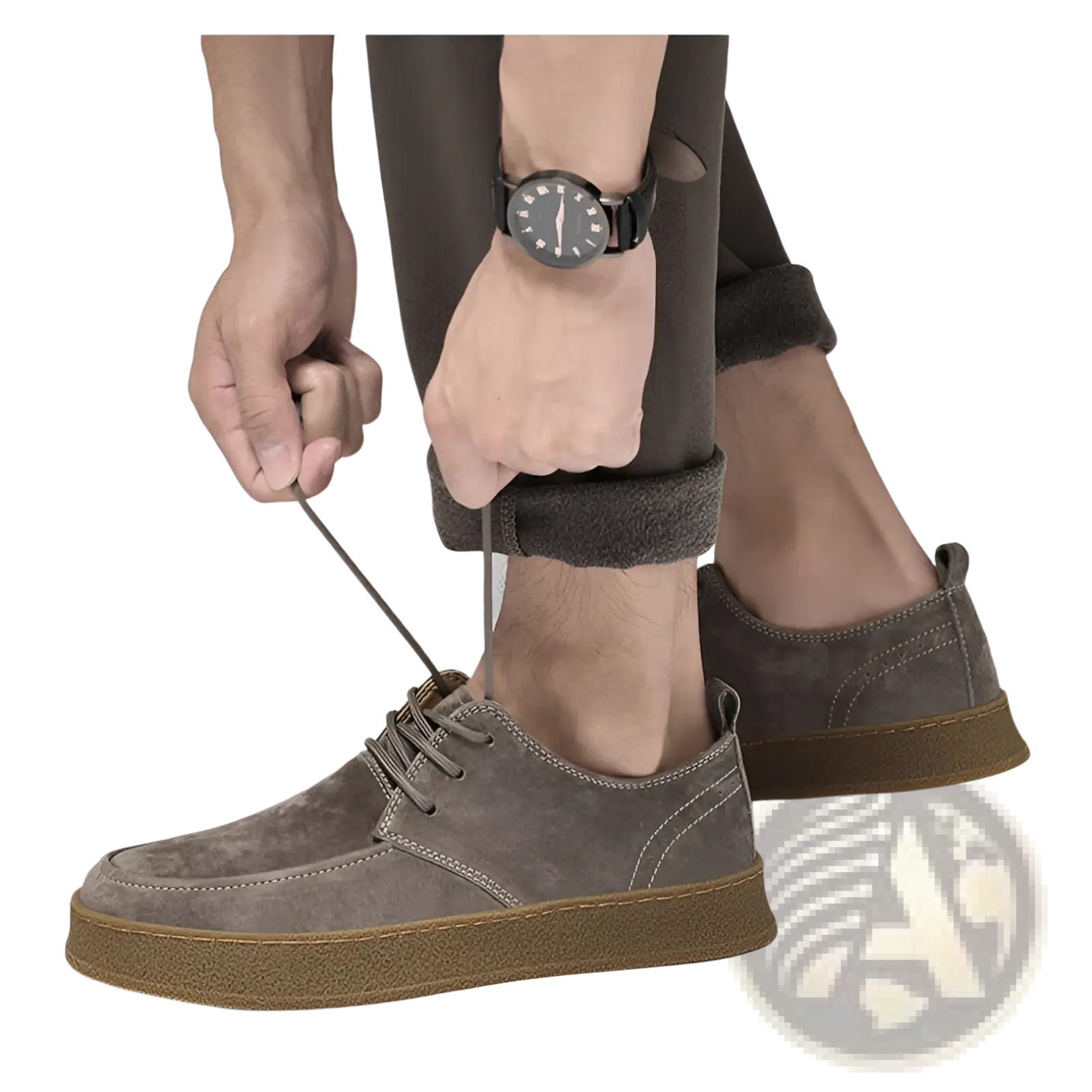 Men’s gray suede lace up casual flat shoes with tan rubber sole designed for comfortable everyday wear