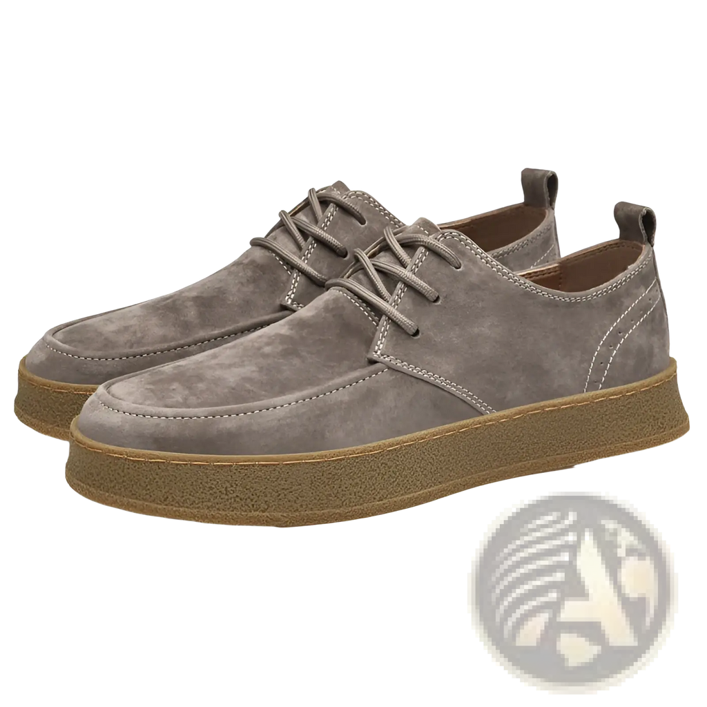Men’s gray suede lace up casual flat shoes with tan rubber sole and matching laces