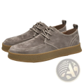 Men’s gray suede lace up casual flat shoes with tan rubber sole and matching laces