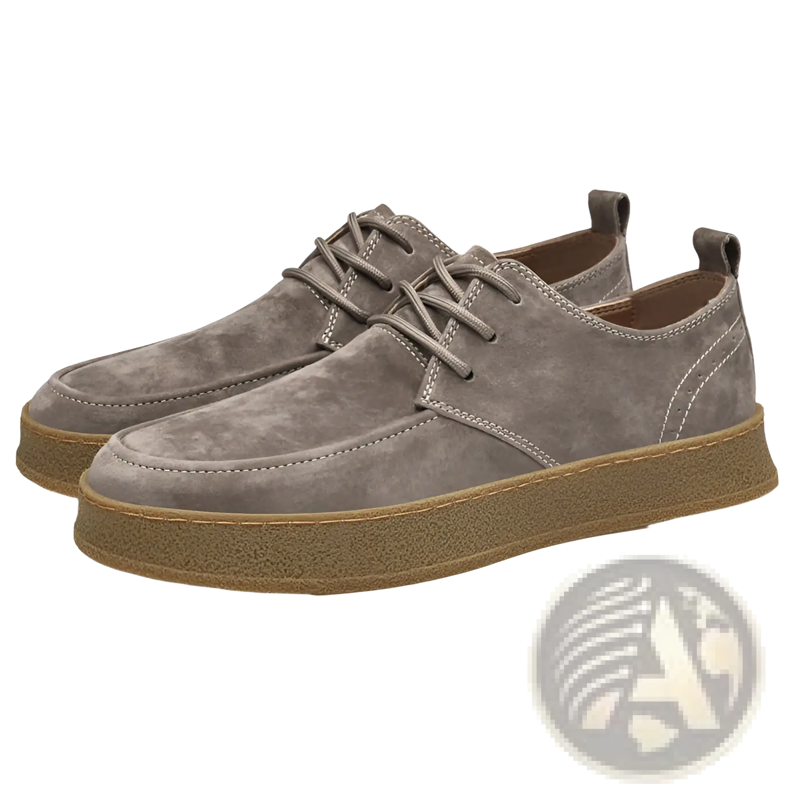 Men’s gray suede lace up casual flat shoes with tan rubber sole and matching laces