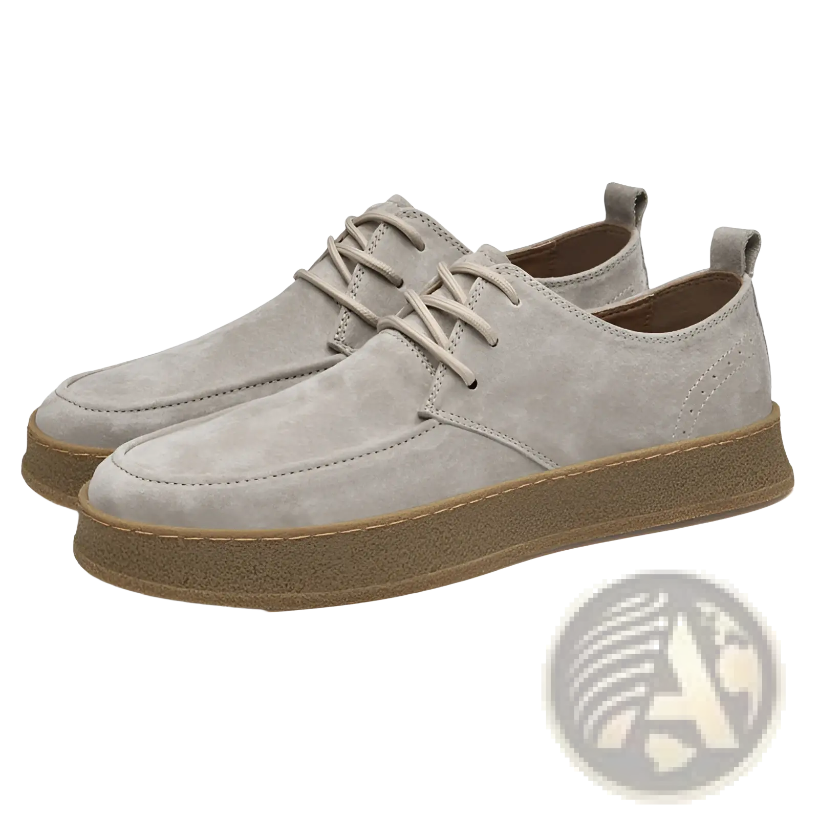 Men’s gray suede lace-up casual flat shoes with tan rubber sole and matching laces
