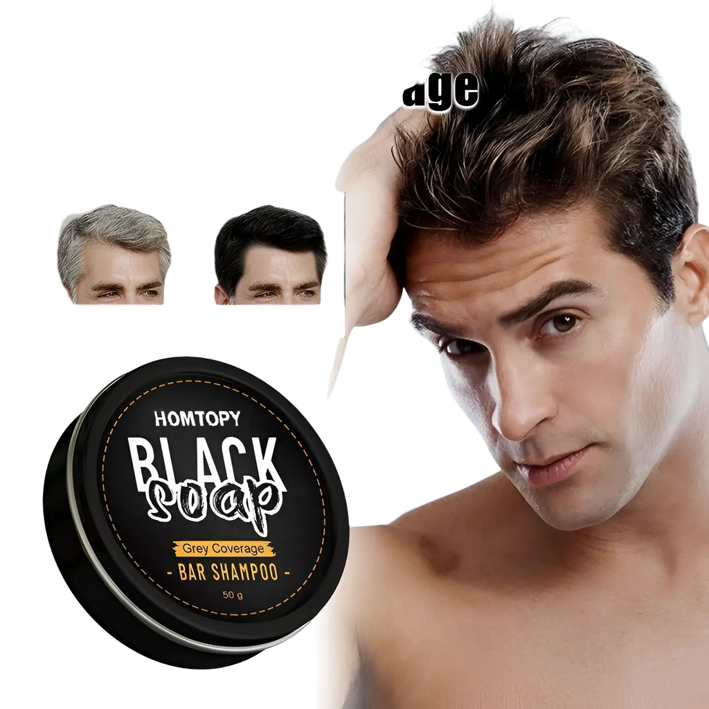 Black circular bar shampoo container labeled black soap with gold text for men’s grey coverage dark hair 50g
