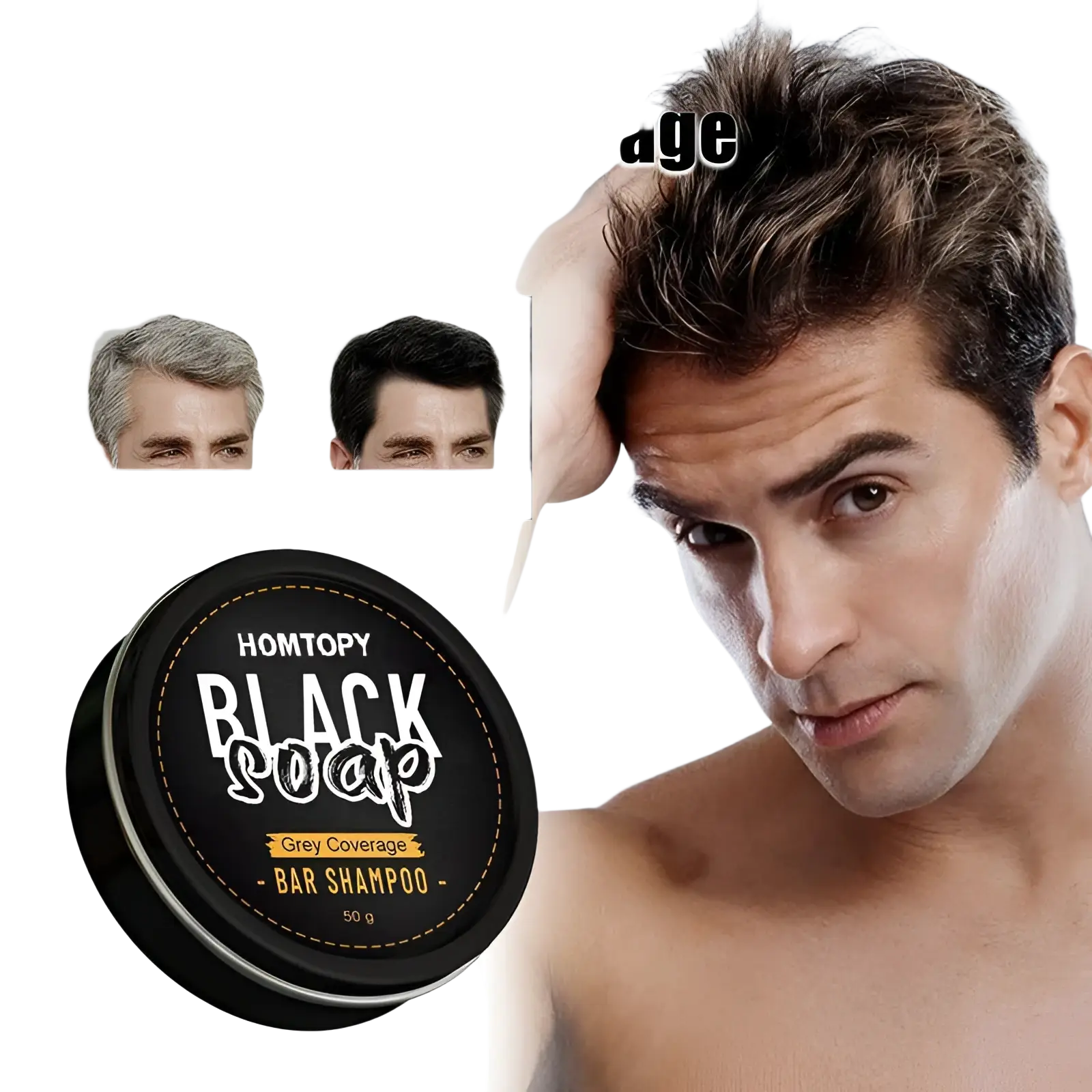 Black circular bar shampoo container labeled black soap with gold text for men’s grey coverage dark hair 50g