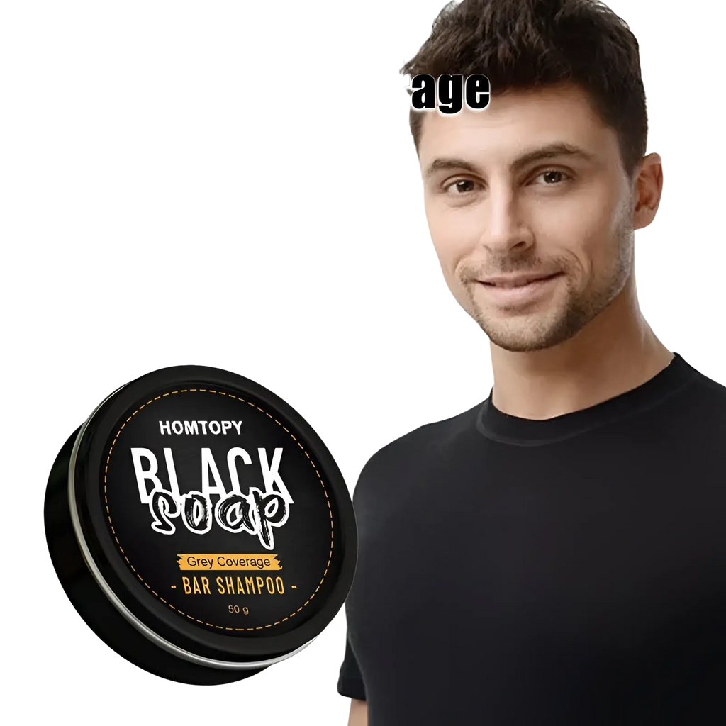 Black circular container of homtopy black soap men’s grey coverage bar shampoo for dark hair 50g