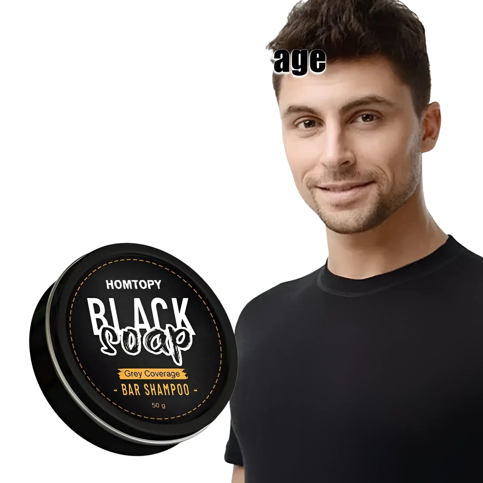 Black circular container of homtopy black soap men’s grey coverage bar shampoo for dark hair 50g